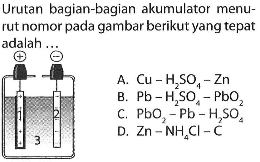 Urutan bagian-bagian akumulator menurut nomor pada gambar berikut yang tepat adalah ... + - 1 3 2