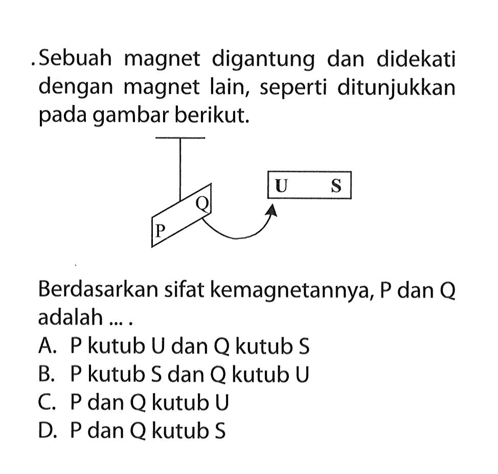 Sebuah magnet digantung dan didekati dengan magnet lain, seperti ditunjukkan pada gambar berikut. P Q U S 
Berdasarkan sifat kemagnetannya, P dan Q adalah ....
A. P kutub U dan Q kutub S B. P kutub S dan Q kutub U C. P dan Q kutub U D. P dan Q kutub S