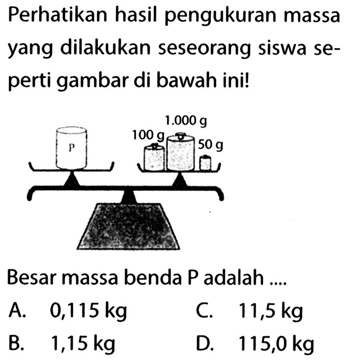 Perhatikan hasil pengukuran massa yang dilakukan seseorang siswa seperti gambar di bawah ini! 100 g 1.000 g 50 g Besar massa benda P adalah ....