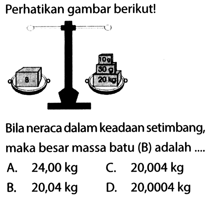 Perhatikan gambar berikut! Bila neraca dalam keadaan setimbang, maka besar massa batu (B) adalah ....