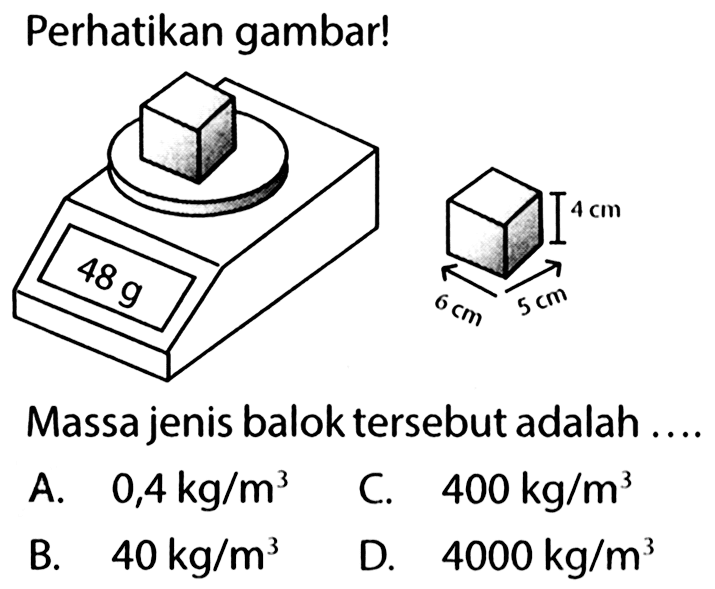 Perhatikan gambar! 48 g 6 cm 5 cm 4 cm Massa jenis balok tersebut adalah ....