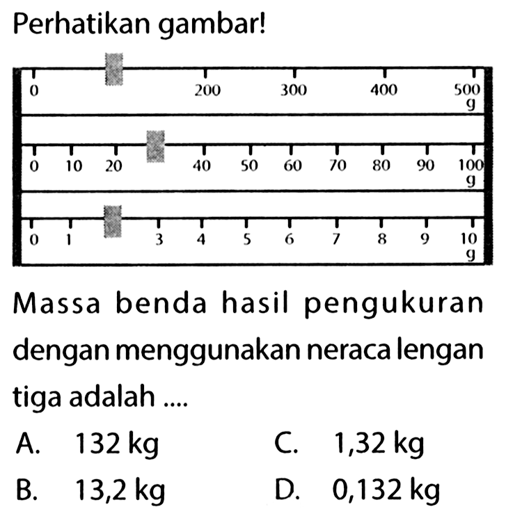 Perhatikan gambar! 0 200 300 400 500 0 10 20 40 50 60 70 80 90 100 0 1 3 4 5 6 7 8 9 10 Massa benda hasil pengukuran dengan menggunakan neraca lengan tiga adalah ....