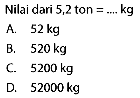 Nilai dari 5,2 ton = .... kg
