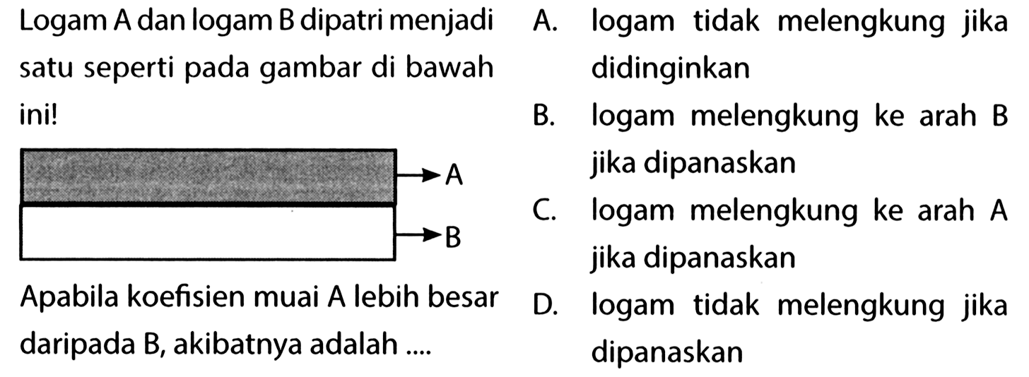 Logam A dan logam B dipatri menjadi satu seperti pada gambar di bawah ini! Apabila koefisien muai A lebih besar daripada B, akibatnya adalah ...