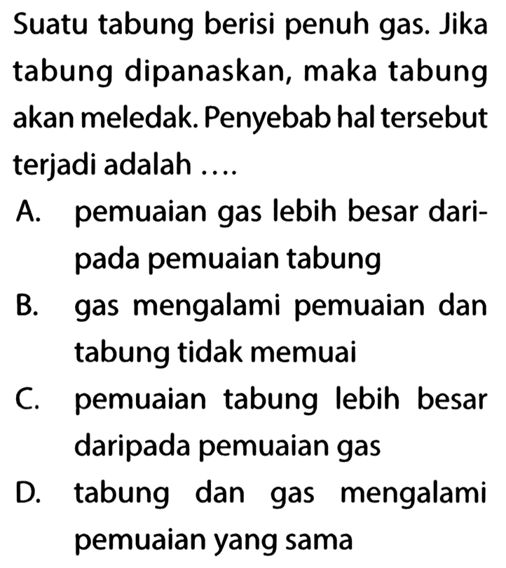 Suatu tabung berisi penuh gas. Jika tabung dipanaskan, maka tabung akan meledak. Penyebab hal tersebut terjadi adalah ....

