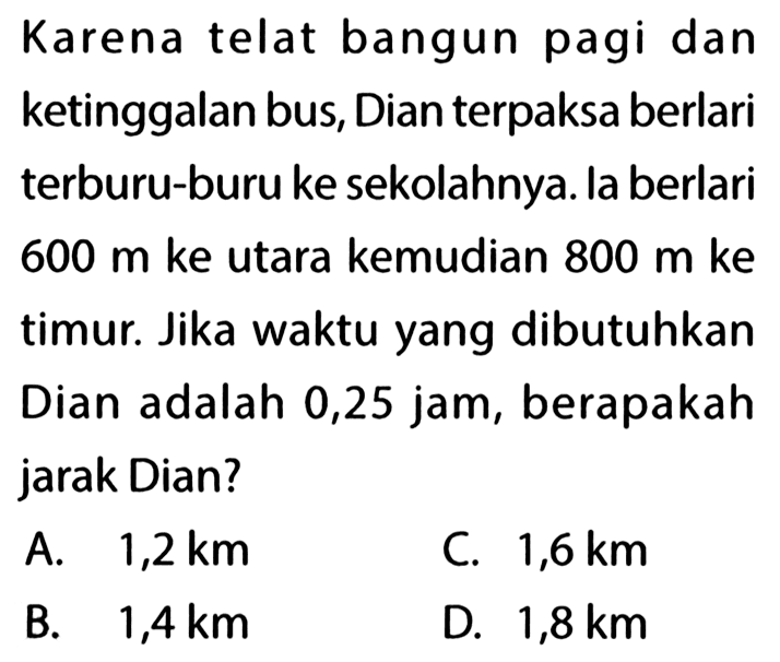 Karena telat bangun pagi dan ketinggalan bus, Dian terpaksa berlari terburu-buru ke sekolahnya. la berlari  600 m  ke utara kemudian  800 m  ke timur. Jika waktu yang dibutuhkan Dian adalah 0,25 jam, berapakah jarak Dian?