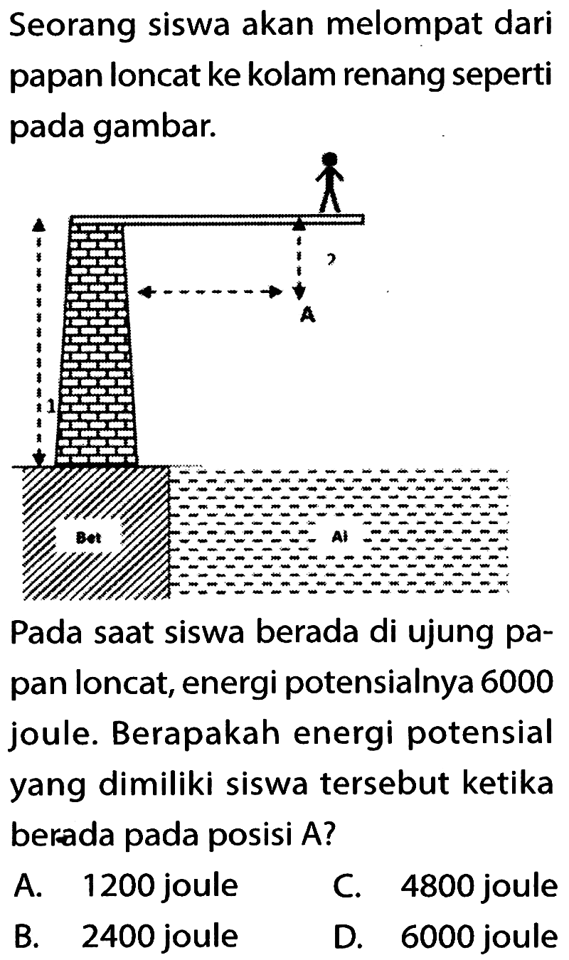 Seorang siswa akan melompat dari papan loncat ke kolam renang seperti pada gambar.
A Bet Al 1
Pada saat siswa berada di ujung papan loncat, energi potensialnya 6000 joule. Berapakah energi potensial yang dimiliki siswa tersebut ketika berada pada posisi  A  ?
