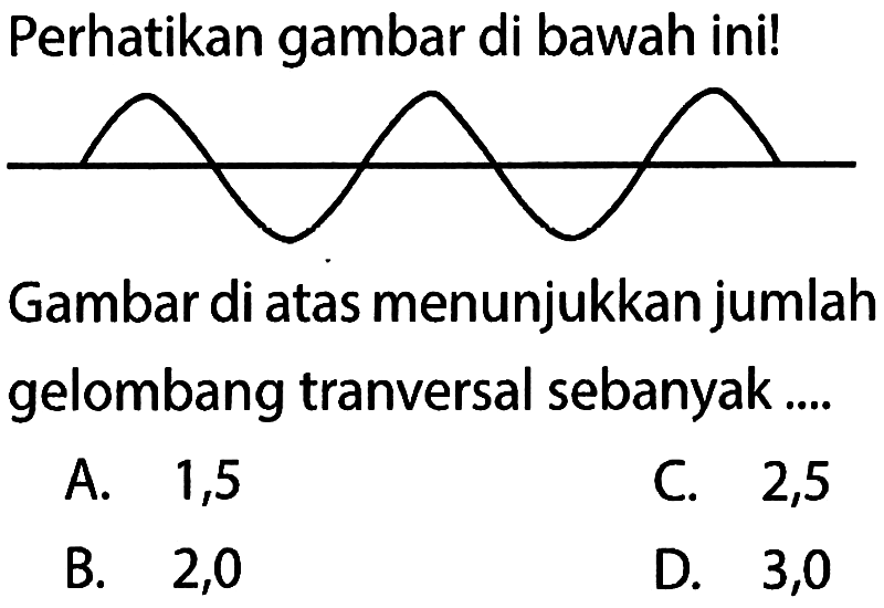 Perhatikan gambar di bawah ini!Gambar di atas menunjukkan jumlah gelombang tranversal sebanyak....