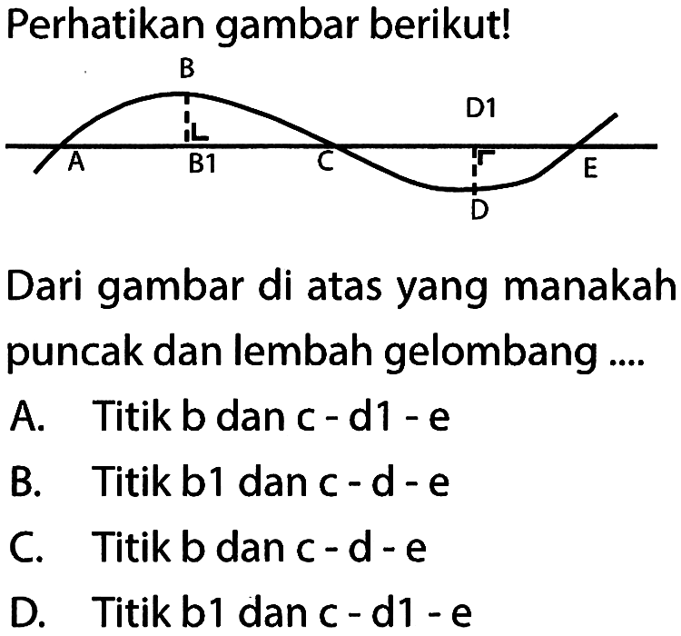 Perhatikan gambar berikut! B D1 A B1 C E D Dari gambar di atas yang manakah puncak dan lembah gelombang ....A. Titik b dan c-d1-eB. Titik b1 dan c-d-eC. Titik b dan c-d-e D. Titik b1 dan c-d1-e