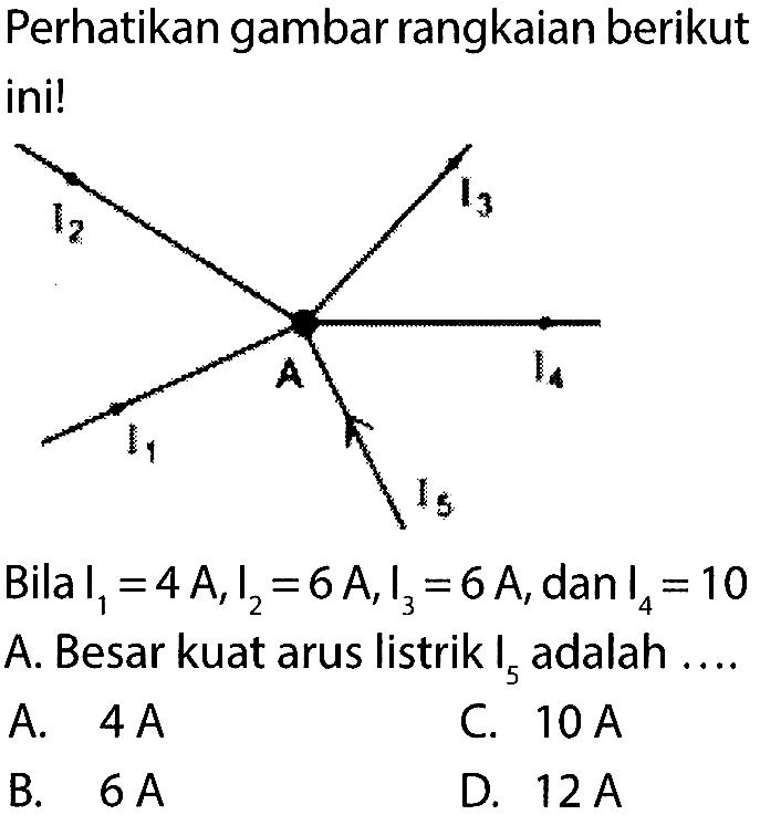 Perhatikan gambar rangkaian berikut ini! I2 I3 A I4 I1 I5Bila I1=4 A, I2=6 A, I3=6A dan I4=10 A. Besar kuat arus listrik I5 adalah ....