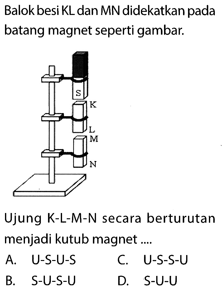 Balok besi KL dan MN didekatkan pada batang magnet seperti gambar. S K L M N 
Ujung K-L-M-N secara berturutan menjadi kutub magnet ....
