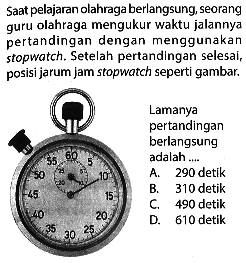 Saat pelajaran olahraga berlangsung, seorang guru olahraga mengukur waktu jalannya pertandingan dengan menggunakan stopwatch. Setelah pertandingan selesai, posisi jarum jam stopwatch seperti gambar. Lamanya pertandingan berlangsung adalah ...