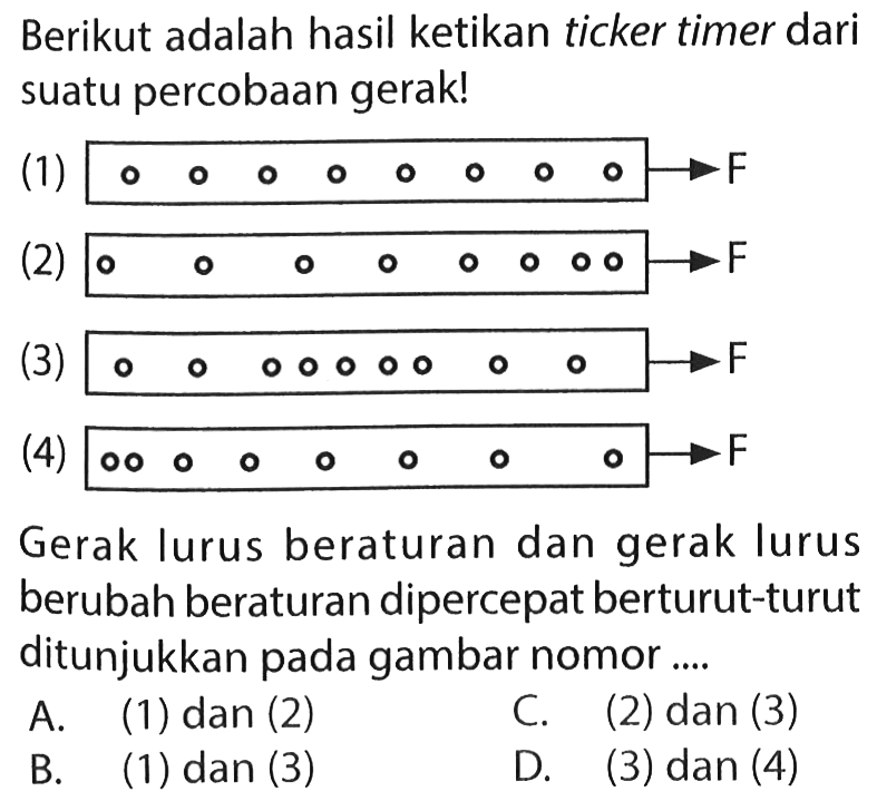 Berikut adalah hasil ketikan ticker timer dari suatu percobaan gerak! (1) o o o o o o o o -> F (2) o  o  o  o o oo -> F (3) o  o  ooo oo  o  o -> F (4) oo o o o  o  o   o -> F Gerak lurus beraturan dan gerak lurus berubah beraturan dipercepat berturut-turut ditunjukkan pada gambar nomor .... 