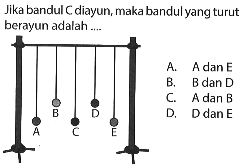 Jika bandul C diayun, maka bandul yang turut berayun adalah....
A B C D E