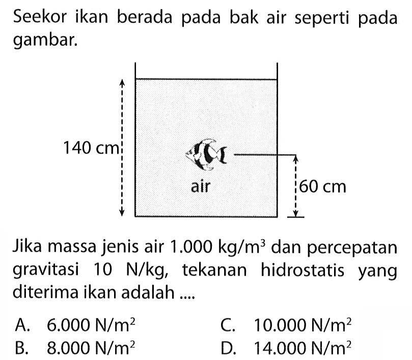 Seekor ikan berada pada bak air seperti pada gambar. 140cm air 60cm. Jika massa jenis air  1.000kg/m^3  dan percepatan gravitasi  10N/kg , tekanan hidrostatis yang diterima ikan adalah ....