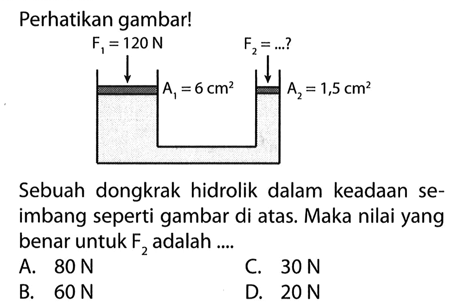 Perhatikan gambar! Sebuah dongkrak hidrolik dalam keadaan seimbang seperti gambar di atas. Maka nilai yang benar untuk F2 adalah ....