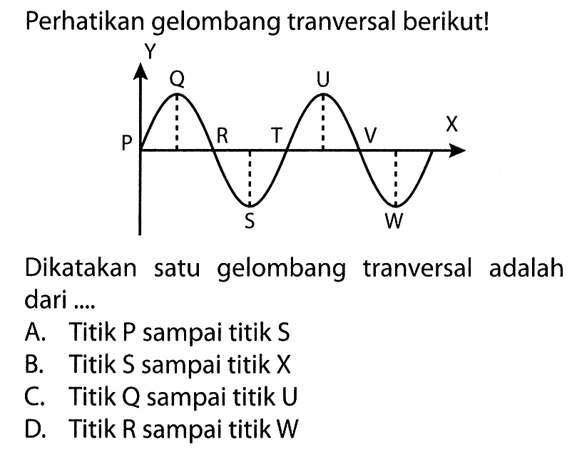 Perhatikan gelombang tranversal berikut! Y P Q R S T U V W X 
Dikatakan satu gelombang tranversal adalah dari ....
A. Titik P sampai titik S B. Titik S sampai titik X C. Titik Q sampai titik U
D. Titik R sampai titik W