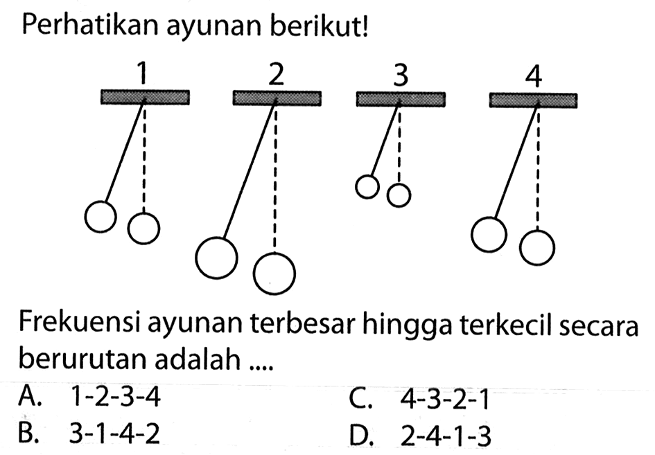 Perhatikan ayunan berikut!1 2 3 4Frekuensi ayunan terbesar hingga terkecil secara berurutan adalah ....A. 1-2-3-4C. 4-3-2-1B. 3-1-4-2D. 2-4-1-3