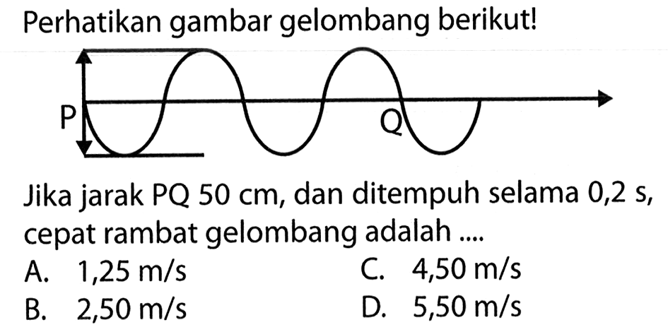 Perhatikan gambar gelombang berikut! P Q Jika jarak PQ 50 cm, dan ditempuh selama 0,2 s, cepat rambat gelombang adalah .... 