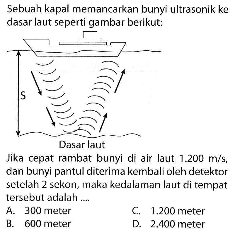 Sebuah kapal memancarkan bunyi ultrasonik ke dasar laut seperti gambar berikut:Jika cepat rambat bunyi di air laut 1.200  m/s, dan bunyi pantul diterima kembali oleh detektor setelah 2 sekon, maka kedalaman laut di tempat tersebut adalah ....