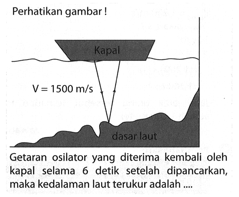 Perhatikan gambar! kapan V=1500 m/s dasar laut Getaran osilator yang diterima kembali oleh kapal selama 6 detik setelah dipancarkan, maka kedalaman laut terukur adalah .... 