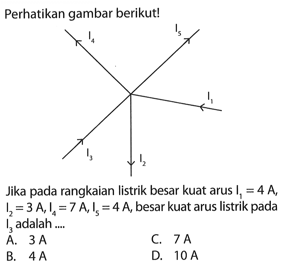 Perhatikan gambar berikutl Jika pada rangkaian listrik besar kuat arus I1= 4 A ,I2 =3A,I4= 7 A, I5 =4 A, besar kuat arus listrik pada I3 adalah