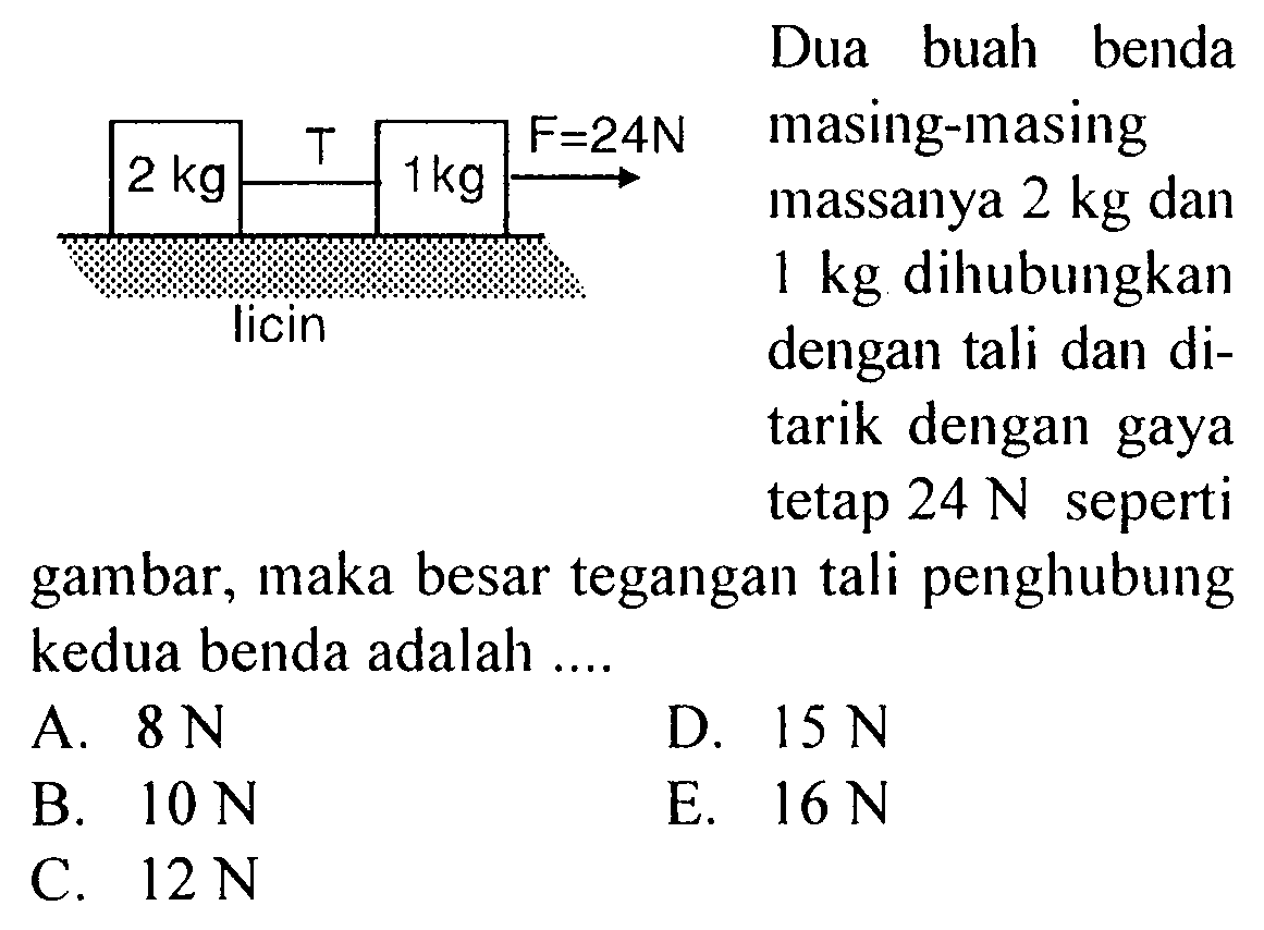 Dua buah benda masing-masing massanya 2 kg dan 1 kg dihubungkan dengan tali dan ditarik dengan gaya tetap 24 N seperti gambar, maka besar tegangan tali penghubung kedua benda adalah ....