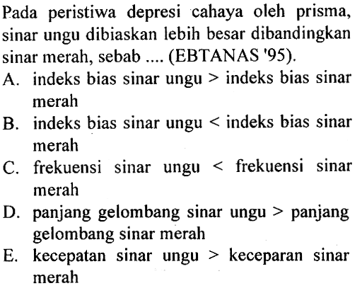 Pada peristiwa depresi cahaya oleh prisma, sinar ungu dibiaskan lebih besar dibandingkan sinar merah, sebab .... (EBTANAS '95).A. indeks bias sinar ungu  >  indeks bias sinar merahB. indeks bias sinar ungu  <  indeks bias sinar merahC. frekuensi sinar ungu  <  frekuensi sinar merahD. panjang gelombang sinar ungu > panjang gelombang sinar merahE. kecepatan sinar ungu  >  keceparan sinar merah