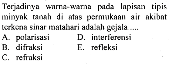 Terjadinya warna-warna pada lapisan tipis minyak tanah di atas permukaan air akibat terkena sinar matahari adalah gejala .... A. polarisasi B. difraksi C. refraksi D. interferensi E. refleksi 