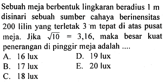 Sebuah meja berbentuk lingkaran beradius 1 m disinari sebuah sumber cahaya berinensitas 200 lilin yang terletak 3 m  tepat di atas pusat meja. Jika akar(10)=3,16, maka besar kuat penerangan di pinggir meja adalah ....