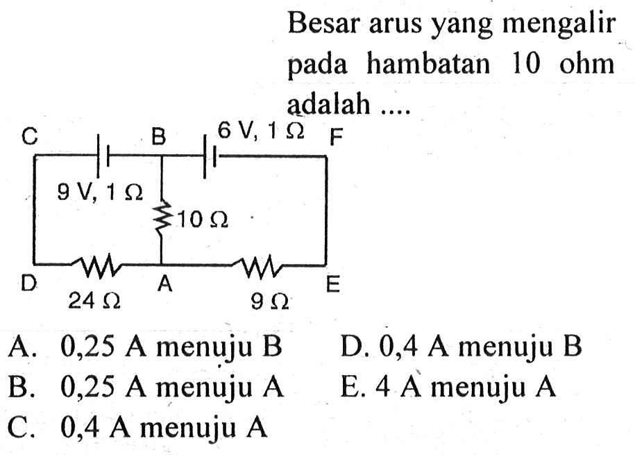 Besar arus yang mengalir pada hambatan 10 ohm adalah ....
A. 0,25 A menuju B
D. 0,4 A menuju B
B. 0,25 A menuju  A 
E. 4 A menuju A
C.  0,4 A  menuju  A 