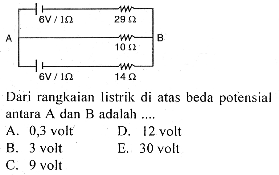 6 V / 1 Ohm 29 Ohm A 10 Ohm B 6 V / 1 Ohm 14 Ohm Dari rangkaian listrik di atas beda potensial antara A dan B adalah .... 