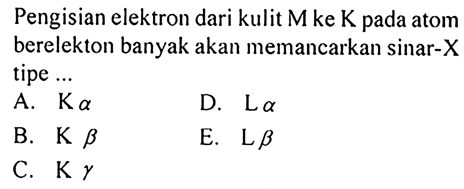 Pengisian elektron dari kulit  M  ke  K  pada atom berelekton banyak akan memancarkan sinar-  X  tipe ...
