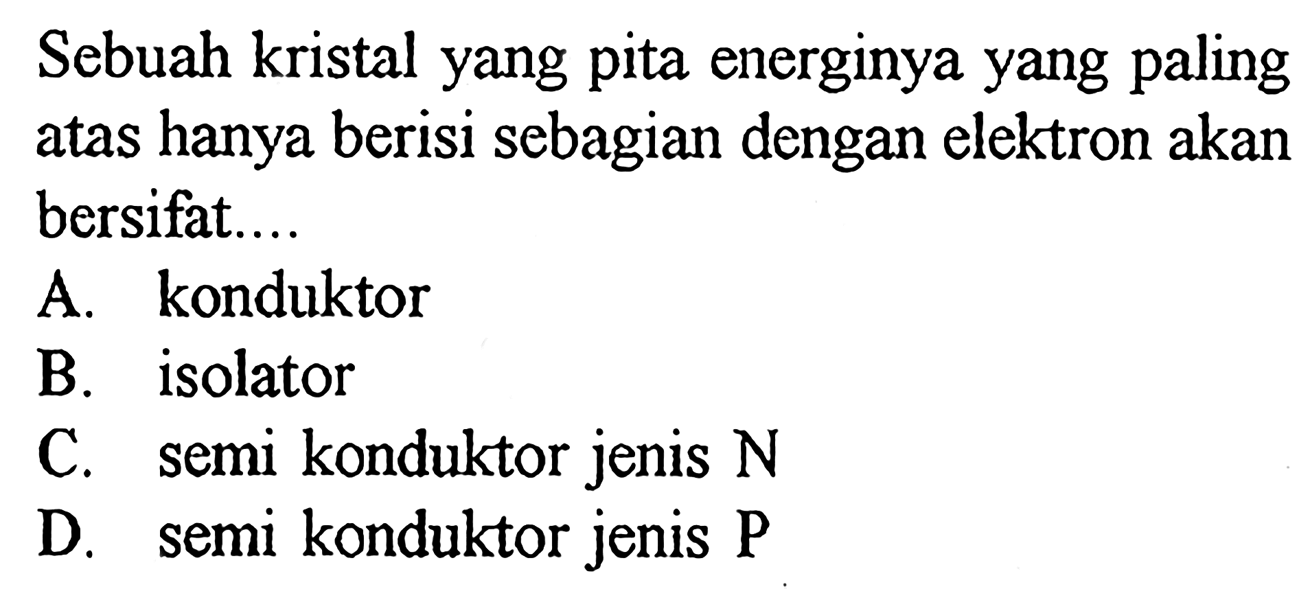 Sebuah kristal yang pita energinya yang paling atas hanya berisi sebagian dengan elektron akan bersifat....