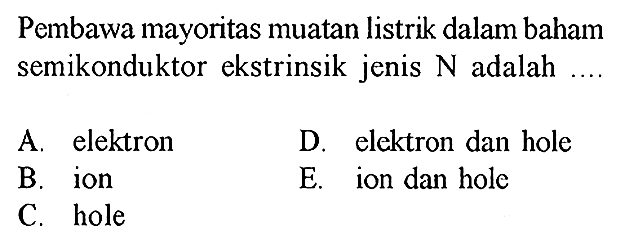 Pembawa mayoritas muatan listrik dalam baham semikonduktor ekstrinsik jenis N adalah ....