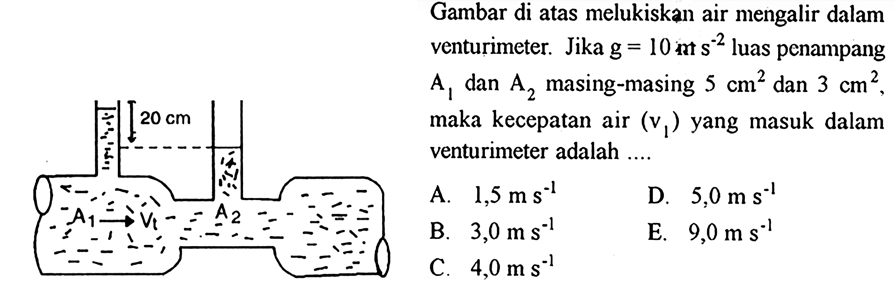 Gambar di atas melukiskan air mengalir dalam venturimeter. Jika g=10 mt s^-2 luas penampang A1 dan A2 masing-masing 5 cm^2 dan 3 cm^2, maka kecepatan air (v1) yang masuk dalam venturimeter adalah ....A. 1,5 ms^-1 B. 3,0 m s^-1 C. 4,0 m s^-1D. 5,0 m s^-1 E. 9,0 ms^-1 