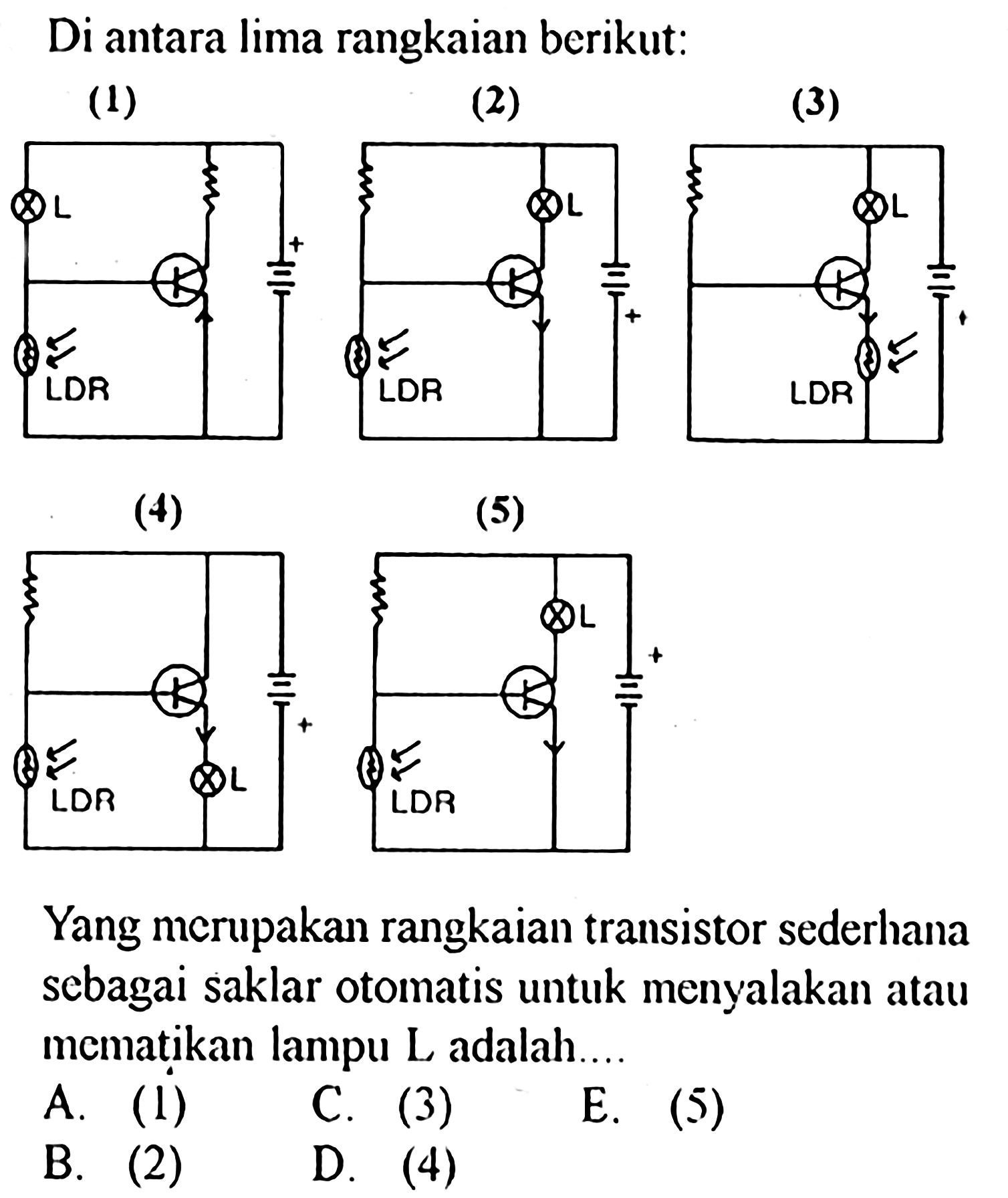 Di antara lima rangkaian berikut:
(1)  L LDR + (2)  L LDR +  (3) L LDR +  (4)  L LDR + (5)  L LDR + 
Yang merupakan rangkaian transistor sederhana sebagai saklar otomatis untuk menyalakan atau mematikan lampu L adalah....
