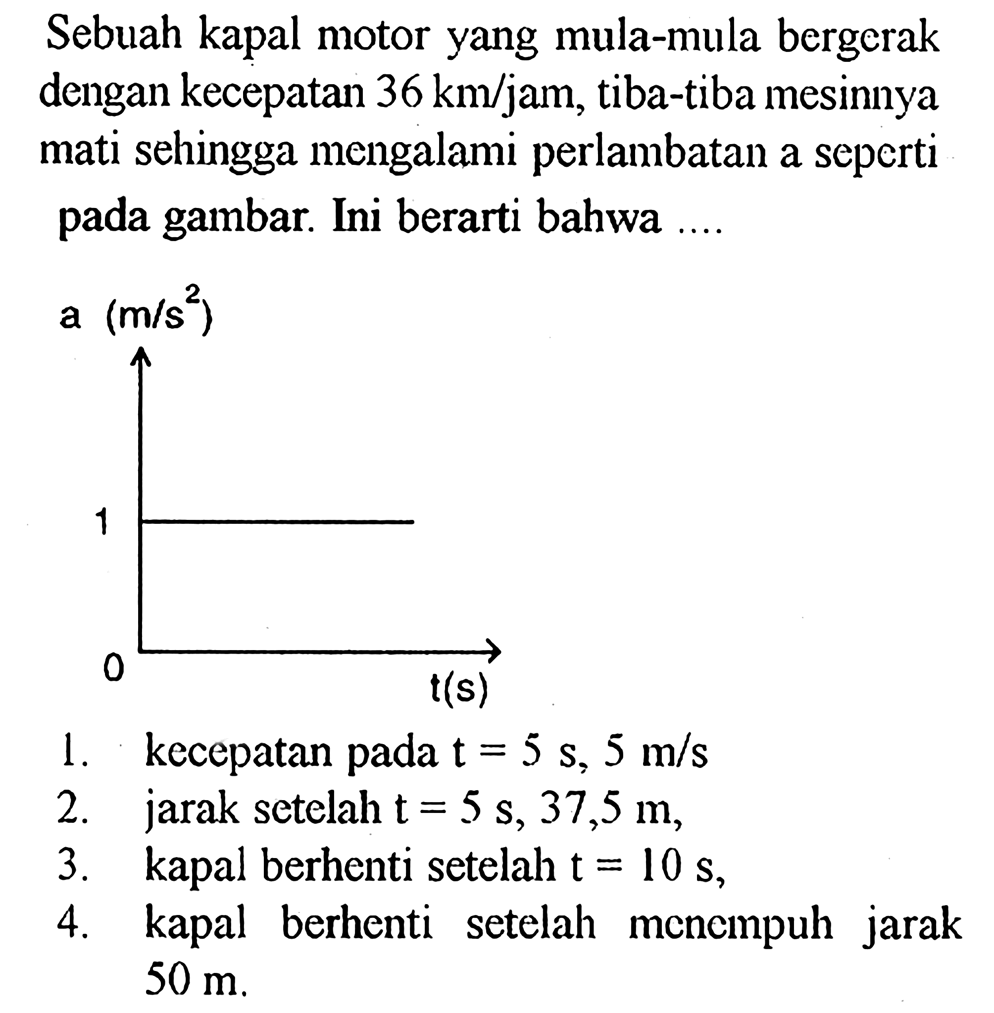 Sebuah kapal motor yang mula-mula bergerak dengan kecepatan 36 km/jam, tiba-tiba mesinnya mati sehingga mengalami perlambatan a seperti pada gambar. Ini berarti bahwa.... a (m/s^2) 1 0 t(s) 1. kecepatan pada t = 5 s, 5 m/s 2. jarak setelah t = 5 s, 37,5 m, 3 . kapal berhenti setelah t = 10 s, 4. kapal berhenti setelah menempuh jarak 50 m