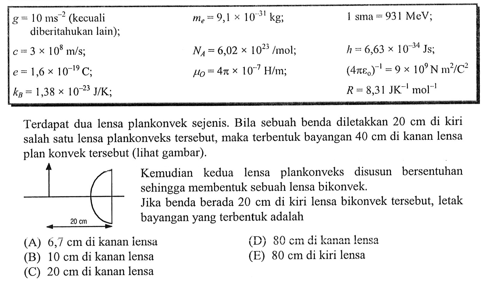 Terdapat dua lensa plankonvek sejenis. Bila sebuah benda diletakkan  20 cm  di kiri salah satu lensa plankonveks tersebut, maka terbentuk bayangan  40 cm  di kanan lensa plan konvek tersebut (lihat gambar).
(A)  6,7 cm  di kanan iensa
(D)  80 cm  di kanan lensa
(B)  10 cm  di kanan lensa
(E)  80 cm  di kiri lensa
(C)  20 cm  di kanan lensa