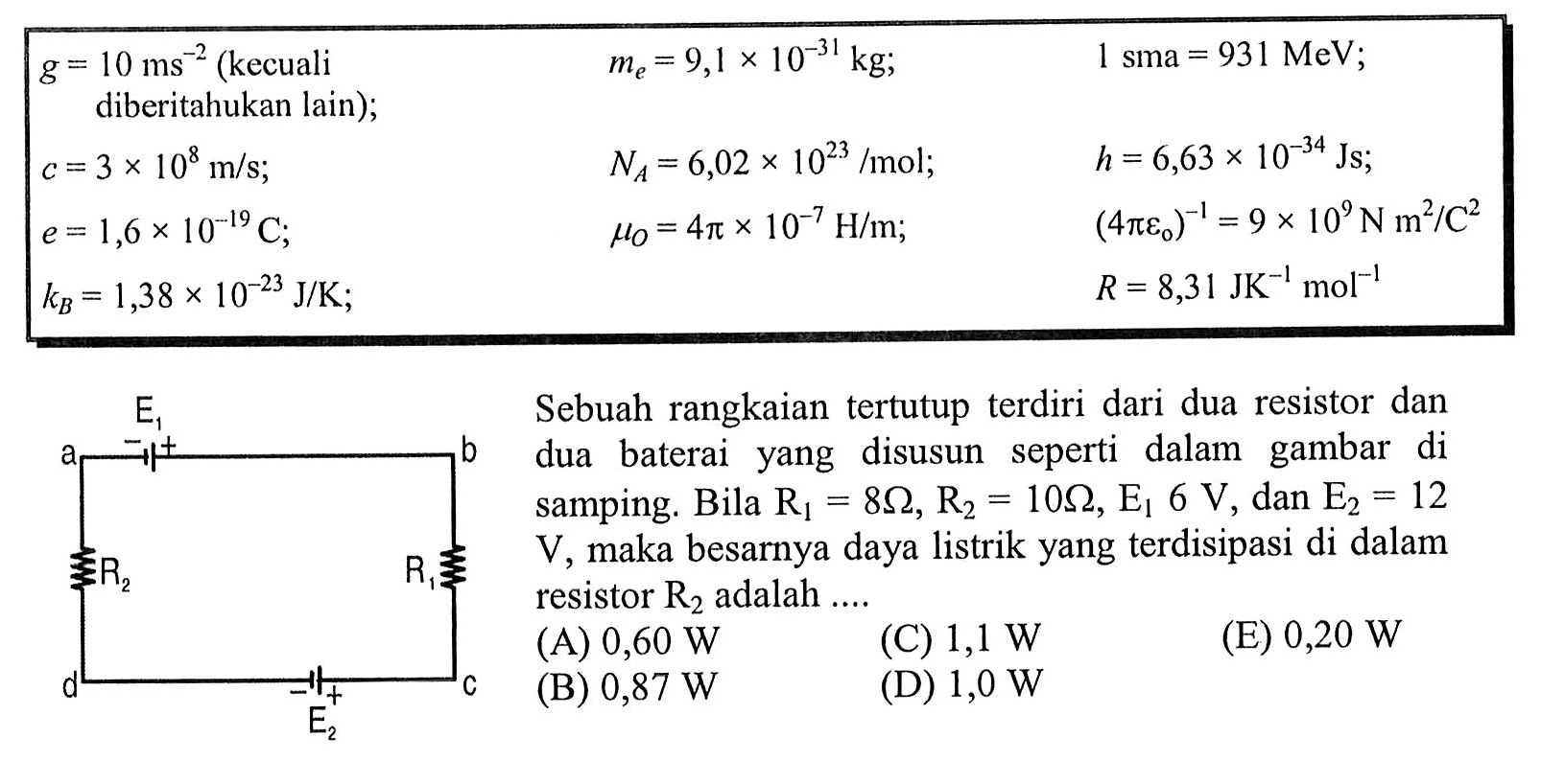 g = 10 ms^-2 (kecuali diberitahukan yang lain); me = 9,1 x 10^-31 kg; 1 sma = 931 MeV; c = 3 x 10^8 m/s; NA = 6,02 x 10^23/mol; h = 6,63 x 10^-34 Js; e = 1,6 x 10^-19 C; muo = 4pi x 10^-7 H/m; (4(pi)epsilono)^-1 = 9 x 10^9 N m^2/C^2 kB = 1,38 x 10^-23 J/K; R= 8,31 JK^-1mol^-1 Sebuah rangkaian tertutup terdiri dari dua resistor dan dua baterai yang disusun seperti dalam gambar di samping. Bila R1 = 8ohm, R2 = 10ohm, E1 6V, dan E2 = 12 V, maka besarnya daya listrik yang terdisipasi di dalam resistor R2 adalah....