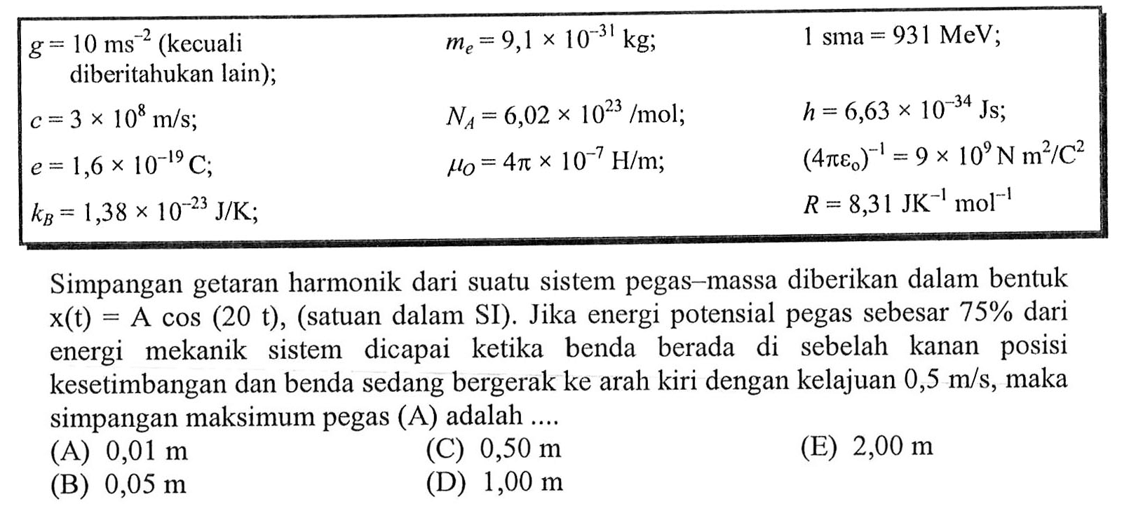 ll g=10 ms^-2(kecuali    me=9,1 x 10^-31 kg ;    1 sma=931 MeV ;  diberitahukan lain  ) ;    NA=6,02 x 10^23/mol ;    h=6,63 x 10^-34 Js ;   c=3 x 10^8 m/s ;    muO=4 pi x 10^-7 H/m ;    (4 pi varepsilon0)^-1=9 x 10^9 N m^2/C^2   e=1,6 x 10^-19 C ;     R=8,31 JK^-1 mol^-1   kB=1,38 x 10^-23 J/K ;    Simpangan getaran harmonik dari suatu sistem pegas-massa diberikan dalam bentuk  x(t)=A cos (20 t),(  satuan dalam SI). Jika energi potensial pegas sebesar  75%  dari energi mekanik sistem dicapai ketika benda berada di sebelah kanan posisi kesetimbangan dan benda sedang bergerak ke arah kiri dengan kelajuan  0,5 m/s, maka  simpangan maksimum pegas (A) adalah ....(A)  0,01 m (C)  0,50 m (E)  2,00 m (B)  0,05 m (D)  1,00 m 