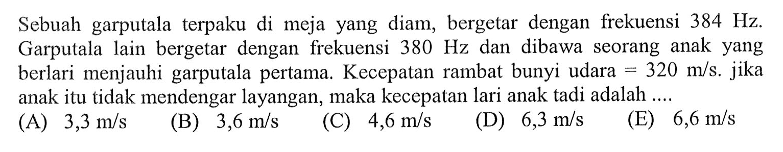 Sebuah garputala terpaku di meja yang diam, bergetar dengan frekuensi 384 Hz. Garputala lain bergetar dengan frekuensi 380 Hz dan dibawa seorang anak yang berlari menjauhi garputala pertama. Kecepatan rambat bunyi udara=320 m/s. jika anak itu tidak mendengar layangan, maka kecepatan lari anak tadi adalah .... 