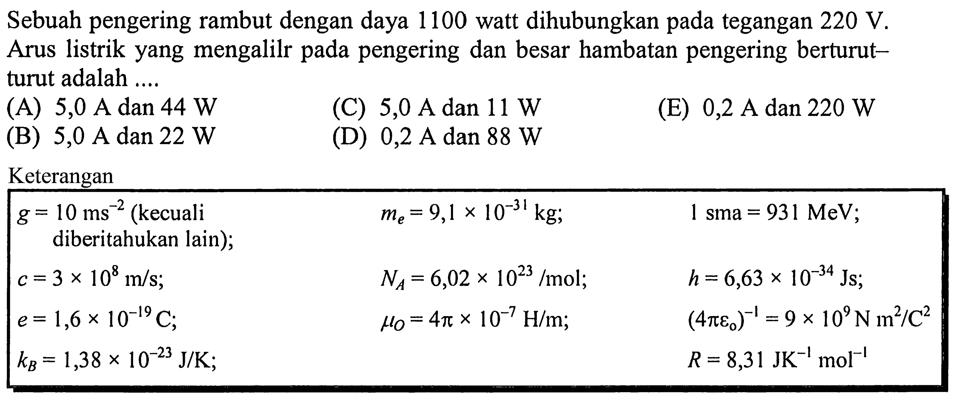 Sebuah pengering rambut dengan daya 1100 watt dihubungkan pada tegangan 220 V. Arus listrik yang mengalilr pada pengering dan besar hambatan pengering berturut- turut adalah .... Keterangan g = 10 ms^(-2) (kecuali me = 9,1 x 10^(-31) kg; 1 sma = 931 MeV; diberitahukan lain); c =3 x 10^8 m/s; NA = 6,02 x 10^23 /mol; h = 6,63 x 10^(-34) Js; e = 1,6 x 10^(-19) C; mu0 = 4pi x 10^(-7) H/m; (4 pi epsilon0)^(-1) = 9 x 10^9 N m^2 / C^2 kB = 1,38 x 10^(-23) J/K; R = 8,31 J K^(-1) mol^(-1)