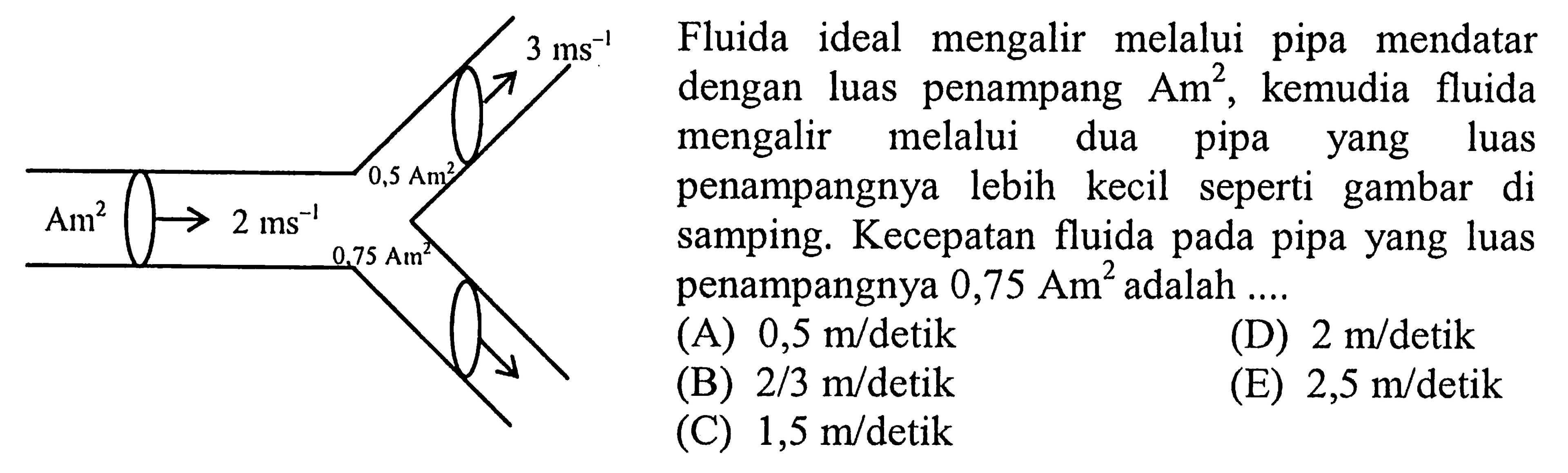 Fluida ideal mengalir melalui pipa mendatar dengan luas penampang Am^2, kemudia fluida mengalir melalui dua pipa yang luas penampangnya lebih kecil seperti gambar di samping. Kecepatan fluida pada pipa yang luas penampangnya 0,75 Am^2 adalah .... Am^2 2ms^(-1) 0,5Am^2 3ms^(-1) 0,75Am^2 