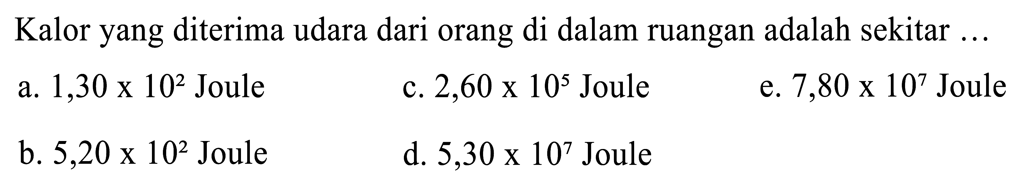 Kalor yang diterima udara dari orang di dalam ruangan adalah sekitar...