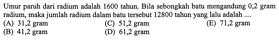 Umur paruh dari radium adalah 1600 tahun. Bila sebongkah batu mengandung 0,2 gram radium, maka jumlah radium dalam batu tersebut 12800 tahun yang lalu adalah ....