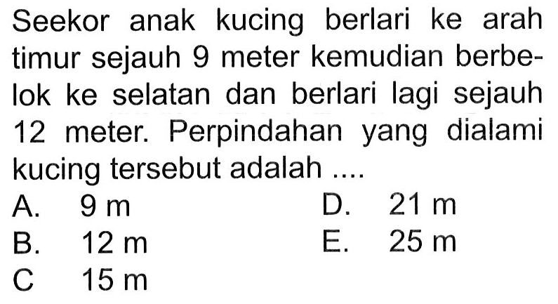 Seekor anak kucing berlari ke arah timur sejauh 9 meter kemudian berbe- lok ke selatan dan berlari lagi sejauh 12 meter. Perpindahan yang dialami kucing tersebut adalah ....