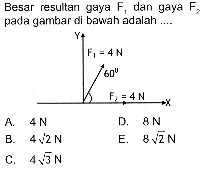 Besar resultan gaya F1 dan gaya F2 pada gambar di bawah adalah .... Y F1 = 4N 60 F2 = 4N