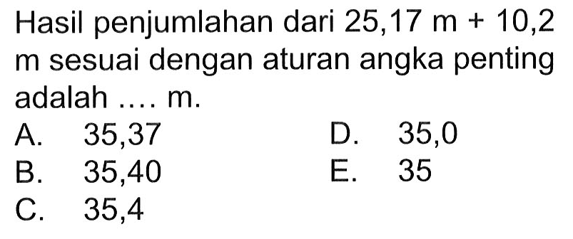 Hasil penjumlahan dari 25,17 m + 10,2 m sesuai dengan aturan angka penting adalah .... m. 