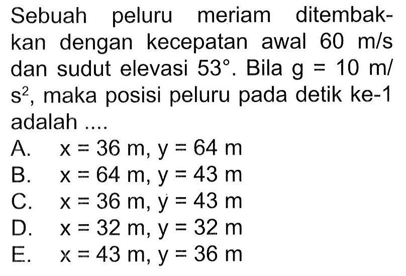 Sebuah peluru meriam ditembakkan dengan kecepatan awal 60 m/s dan sudut elevasi 53. Bila g=10 m/s^2 , maka posisi peluru pada detik ke-1 adalah ....